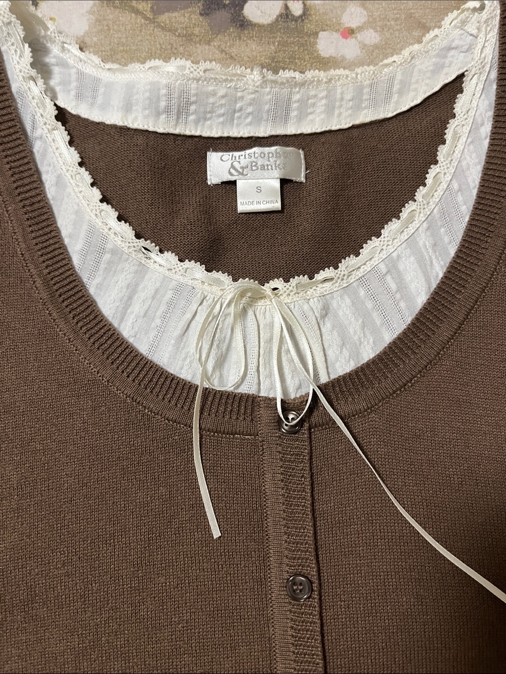 Christopher & Banks Brown Scoop-Neck Cardigan with Cream Lace Trim